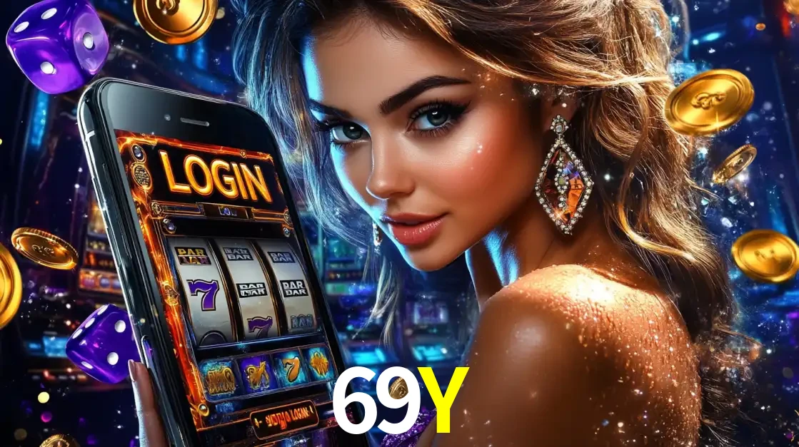 Mulher glamorosa segurando um smartphone com a tela de login para os jogos de caça-níqueis do cassino online 69Y, com moedas de ouro e dados ao redor.