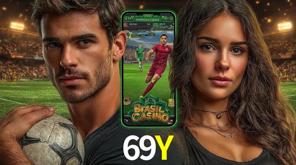 Homem segurando uma bola de futebol e uma mulher ao lado de um smartphone exibindo o jogo de apostas esportivas da 69Y. Faça seu palpite no cassino online.